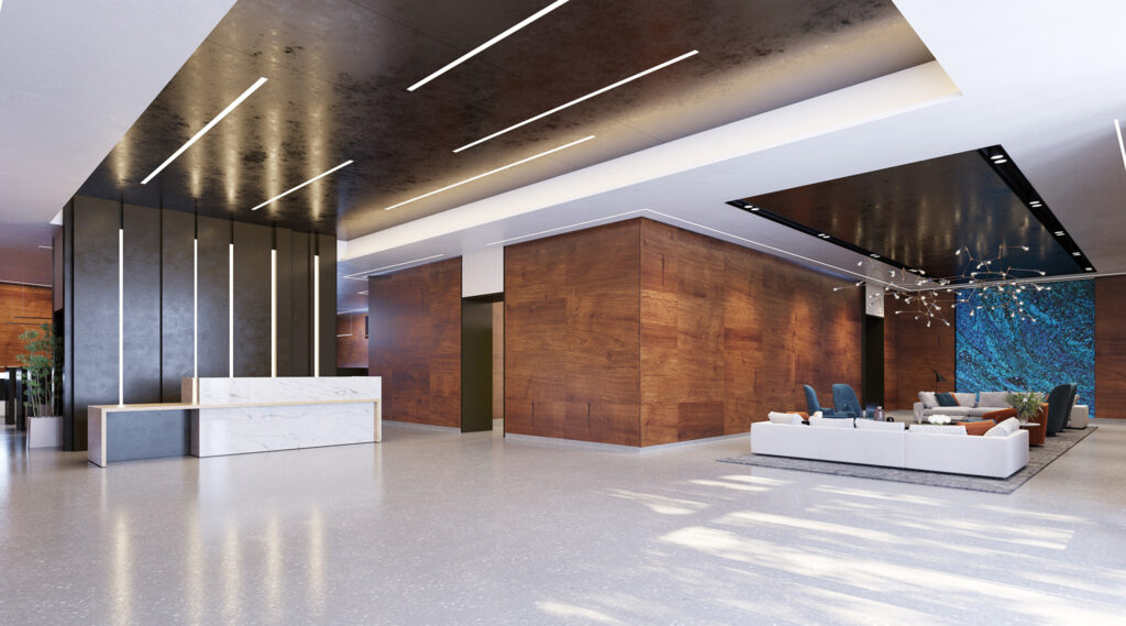 Brooklyn Crossing's Expansive Lobby with seating area